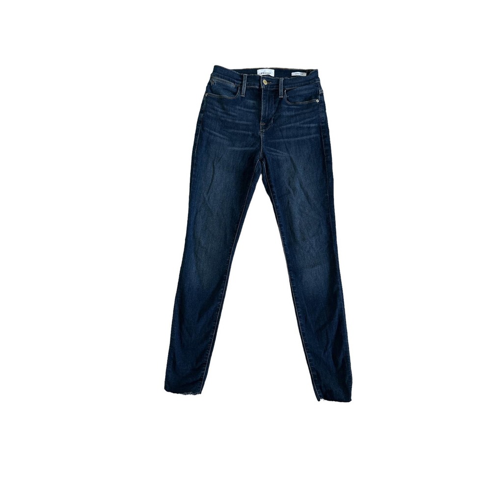 Women 26 FRAME Denim Le High Skinny Turn-Back Frayed Hem Filbert Jeans Dark Wash